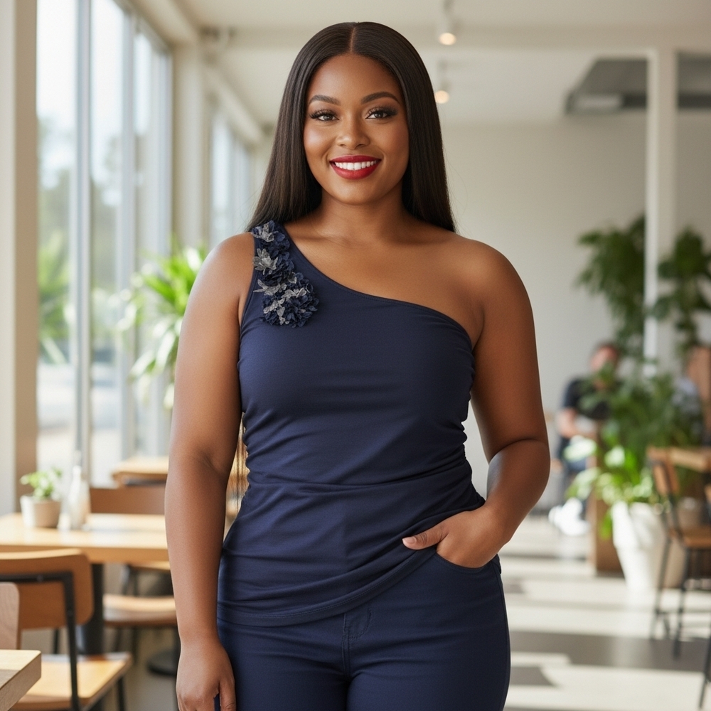 Zenobia Blue One Shoulder Top with Textured Shoulder Design